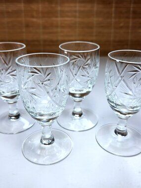 Vintage Cut Crystal Pinwheel Liqueur Glasses Set of Four Tulip Stem Barware